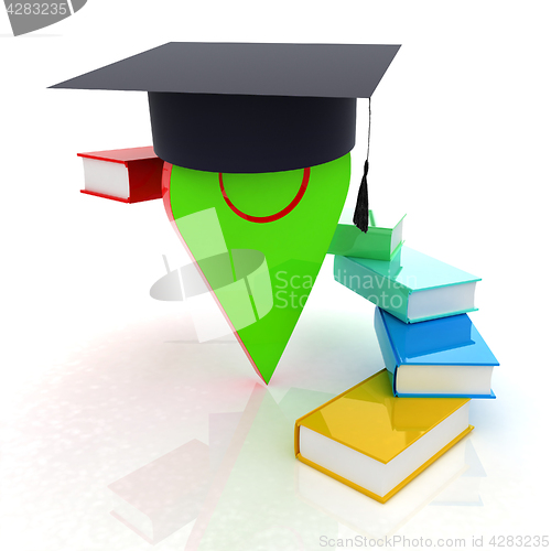 Image of Pointer of education in graduation hat with books around. 3d ill