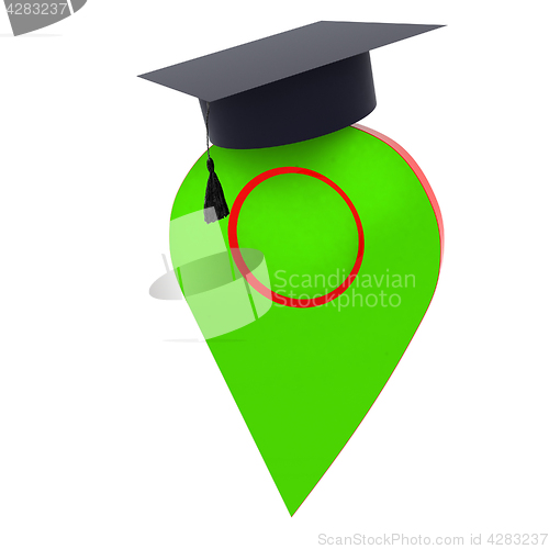 Image of Geo pin with graduation hat on white. School sign, geolocation a