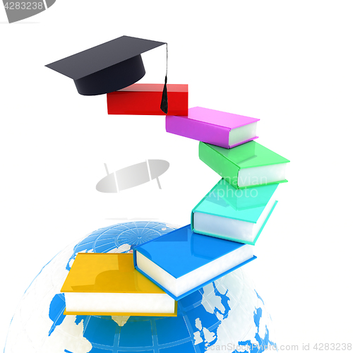 Image of Earth of education with books around and graduation hat. Global 