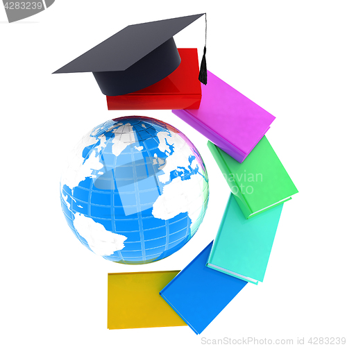 Image of Earth of education with books around and graduation hat. Global 