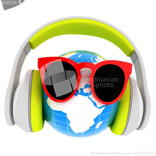 Image of Earth planet with earphones and sunglasses. 3d illustration