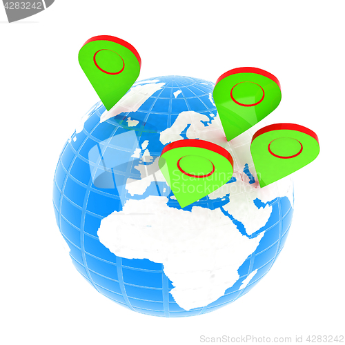 Image of Planet Earth and map pins icon. Earth globe and colorful map lab