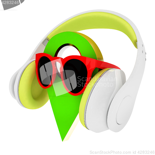 Image of Glamour map pointer in sunglasses and headphones. 3d illustratio