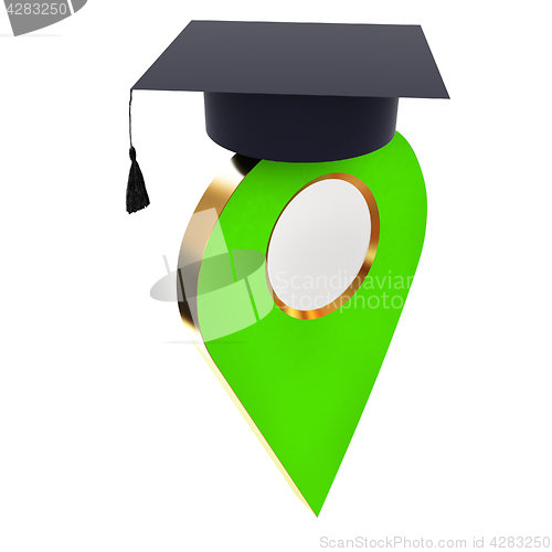 Image of Geo pin with graduation hat on white. School sign, geolocation a