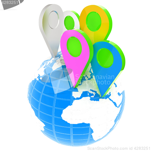 Image of Planet Earth and map pins icon. Earth globe and colorful map lab