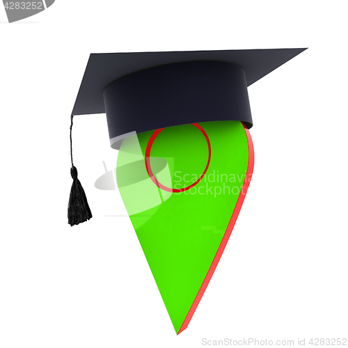 Image of Geo pin with graduation hat on white. School sign, geolocation a