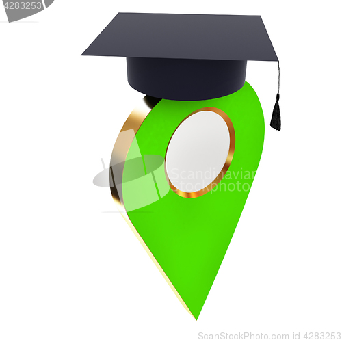 Image of Geo pin with graduation hat on white. School sign, geolocation a