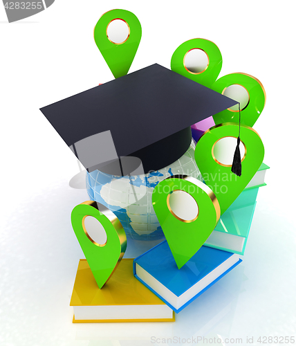 Image of Books around the Earth and pointer. Education and navigation con
