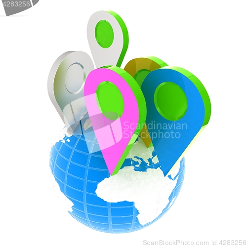 Image of Planet Earth and map pins icon. Earth globe and colorful map lab