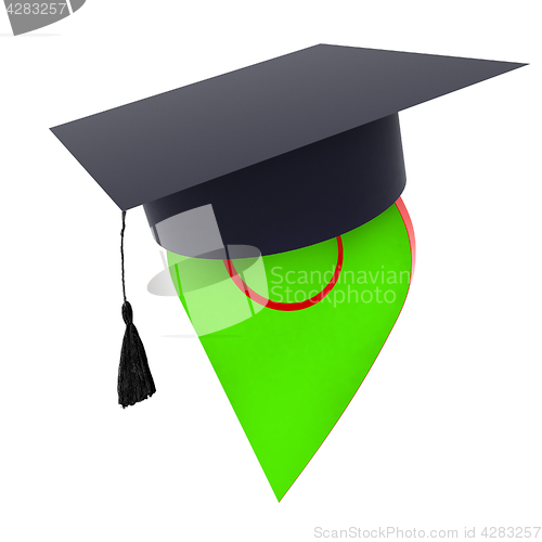 Image of Geo pin with graduation hat on white. School sign, geolocation a