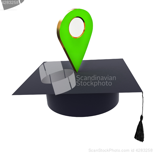 Image of Geo pin with graduation hat on white. School sign, geolocation a