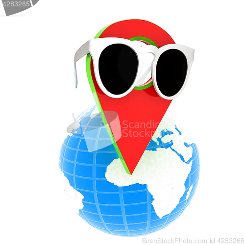 Image of Glamour map pointer in sunglasses on Earth. 3d illustration