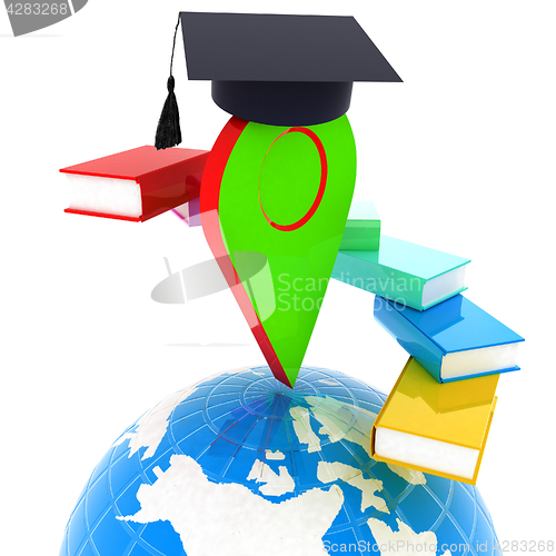 Image of Pointer of education in graduation hat with books around and Ear