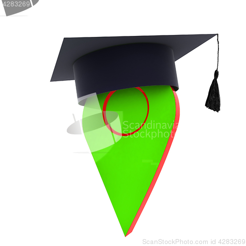 Image of Geo pin with graduation hat on white. School sign, geolocation a