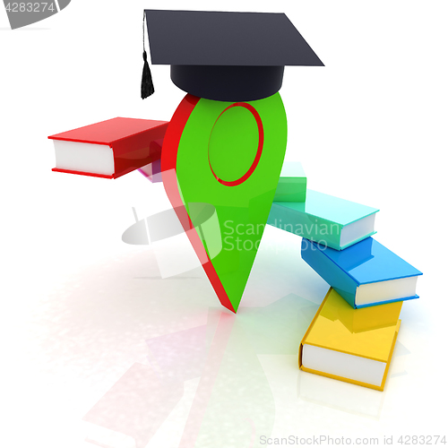 Image of Pointer of education in graduation hat with books around. 3d ill