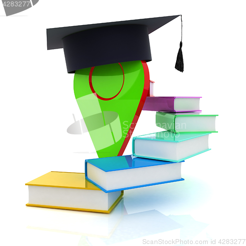 Image of Pointer of education in graduation hat with books around. 3d ill