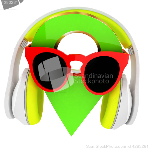 Image of Glamour map pointer in sunglasses and headphones. 3d illustratio
