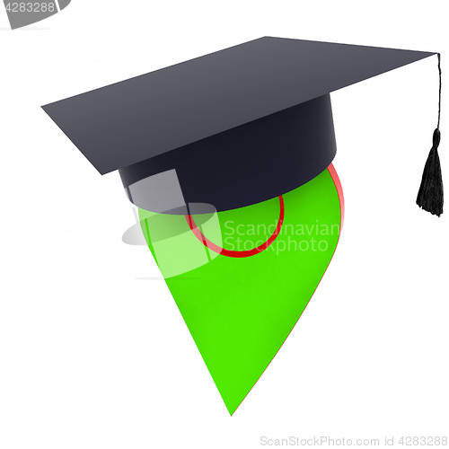 Image of Geo pin with graduation hat on white. School sign, geolocation a