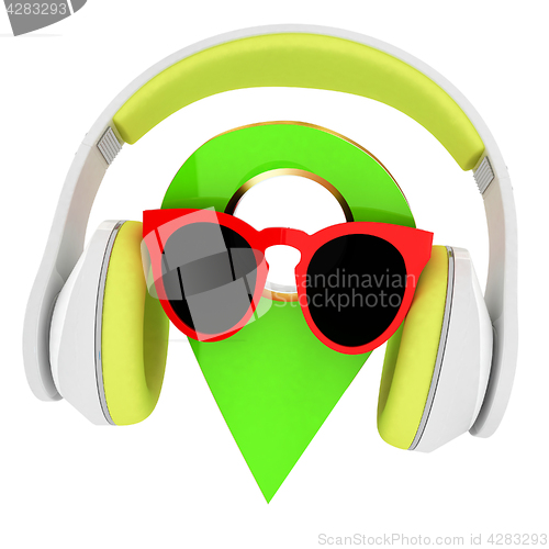 Image of Glamour map pointer in sunglasses and headphones. 3d illustratio