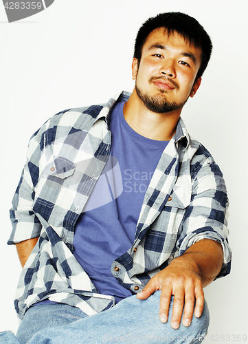 Image of young handsome asian man hipster in glasses on white background,