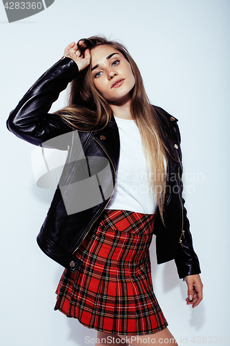 Image of young pretty stylish blond hipster girl posing emotional isolated on white background happy smiling cool smile, lifestyle people concept