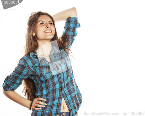 Image of young pretty woman posing on white background isolated emotional