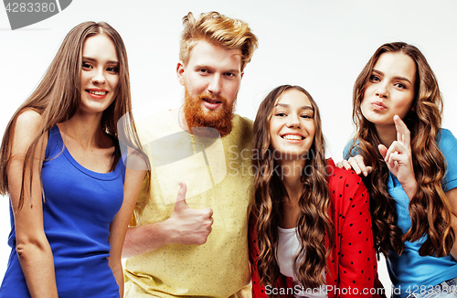 Image of company of hipster guys, bearded red hair boy and girls students having fun together friends, diverse fashion style, lifestyle people concept isolated on white background