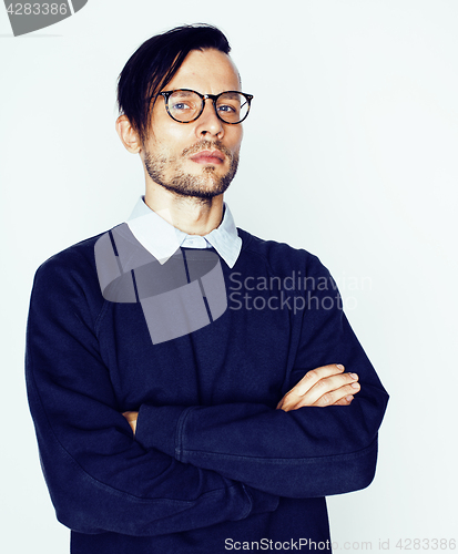 Image of young handsome teenage hipster guy posing emotional, happy smiling against white background isolated, lifestyle people concept