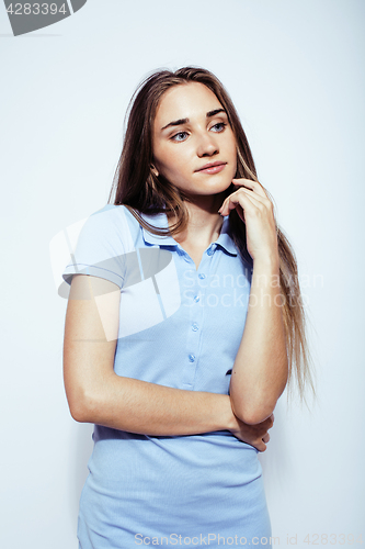 Image of young pretty teenage hipster girl posing emotional happy smiling on white background, lifestyle people concept