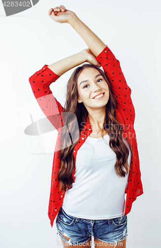 Image of young pretty stylish hipster girl posing emotional isolated on white background happy smiling cool smile, lifestyle people concept close up