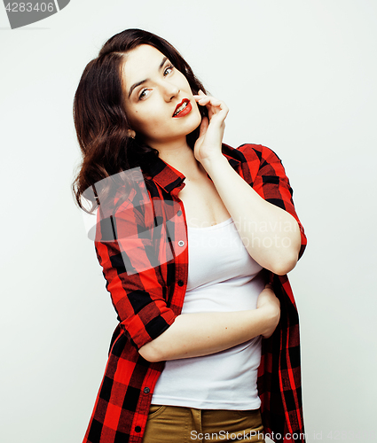 Image of young pretty stylish hipster girl posing emotional isolated on white background happy smiling cool smile, lifestyle people concept close up