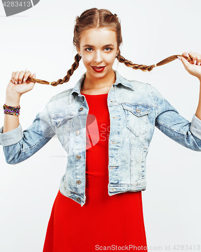 Image of young pretty stylish hipster girl posing emotional isolated on white background happy smiling cool smile, lifestyle people concept close up