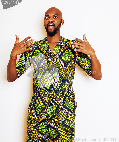 Image of portrait of young handsome african man wearing bright green nati