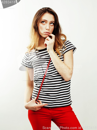 Image of young pretty stylish hipster girl posing emotional isolated on white background happy smiling cool smile, lifestyle people concept close up