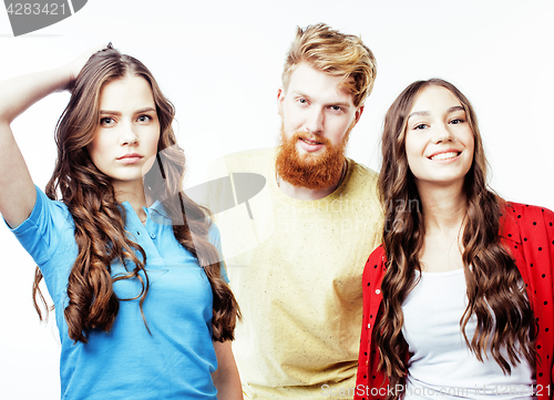 Image of company of hipster guys, bearded red hair boy and girls students having fun together friends, diverse fashion style, lifestyle people concept isolated on white background