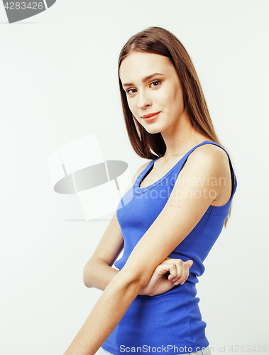 Image of young pretty stylish hipster girl posing emotional isolated on white background happy smiling cool smile, lifestyle people concept close up