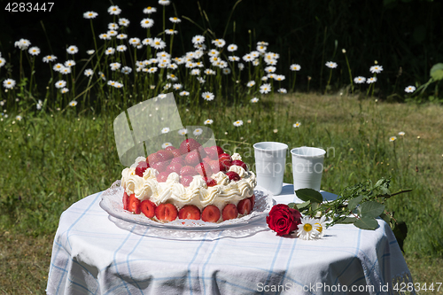 Image of Summer cake with strawberries in a garden