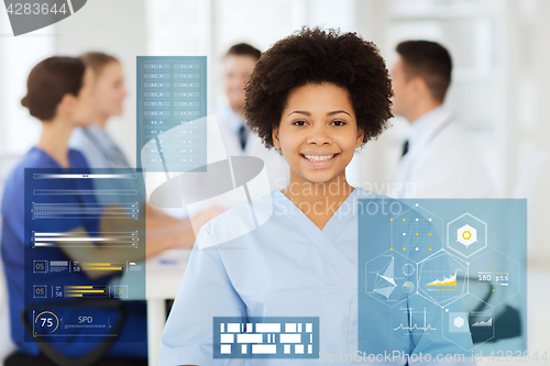 Image of happy african american female doctor at hospital
