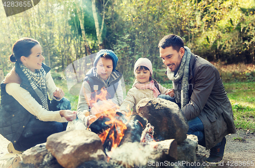 Image of happy family roasting marshmallow over campfire