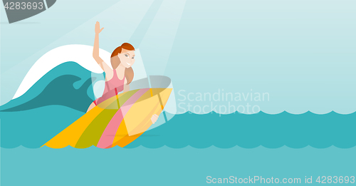 Image of Young caucasian surfer in action on a surfboard.