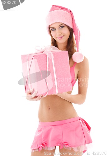 Image of santa helper girl in pink with gift box
