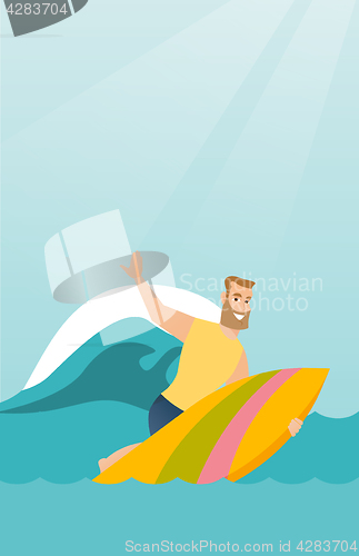 Image of Young caucasian surfer in action on a surfboard.