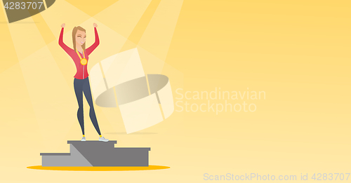 Image of Caucasian sportswoman celebrating on winner podium