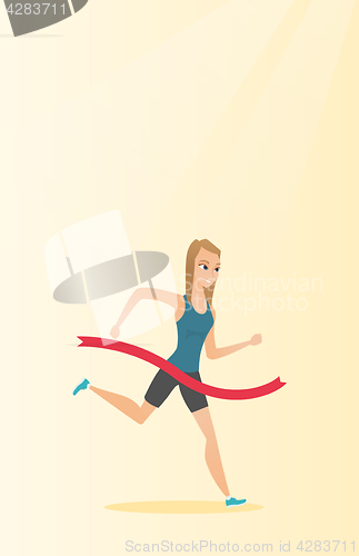 Image of Young caucasian sportswoman crossing finish line.