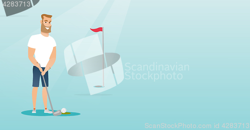 Image of Young caucasian golfer hitting a ball.