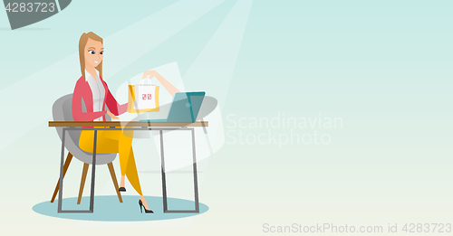 Image of Caucasian woman getting shopping bags from laptop.