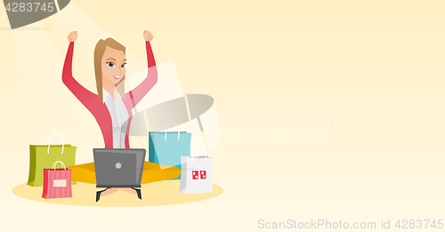 Image of Caucasian woman using laptop for online shopping.