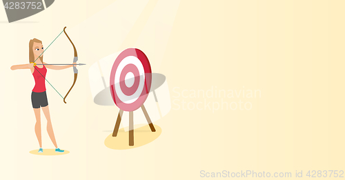 Image of Sportswoman aiming with a bow and arrow at target.