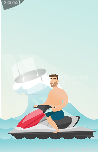 Image of Caucasian man riding on a water scooter in the sea