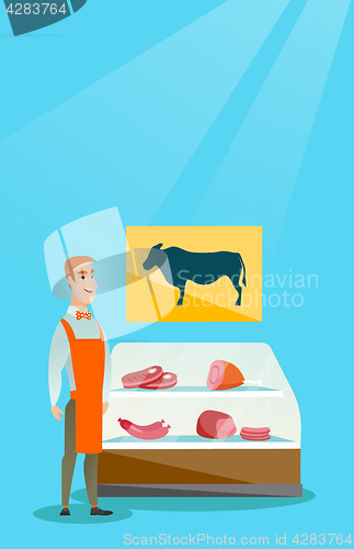 Image of Butcher offering fresh meat in the butcher shop.